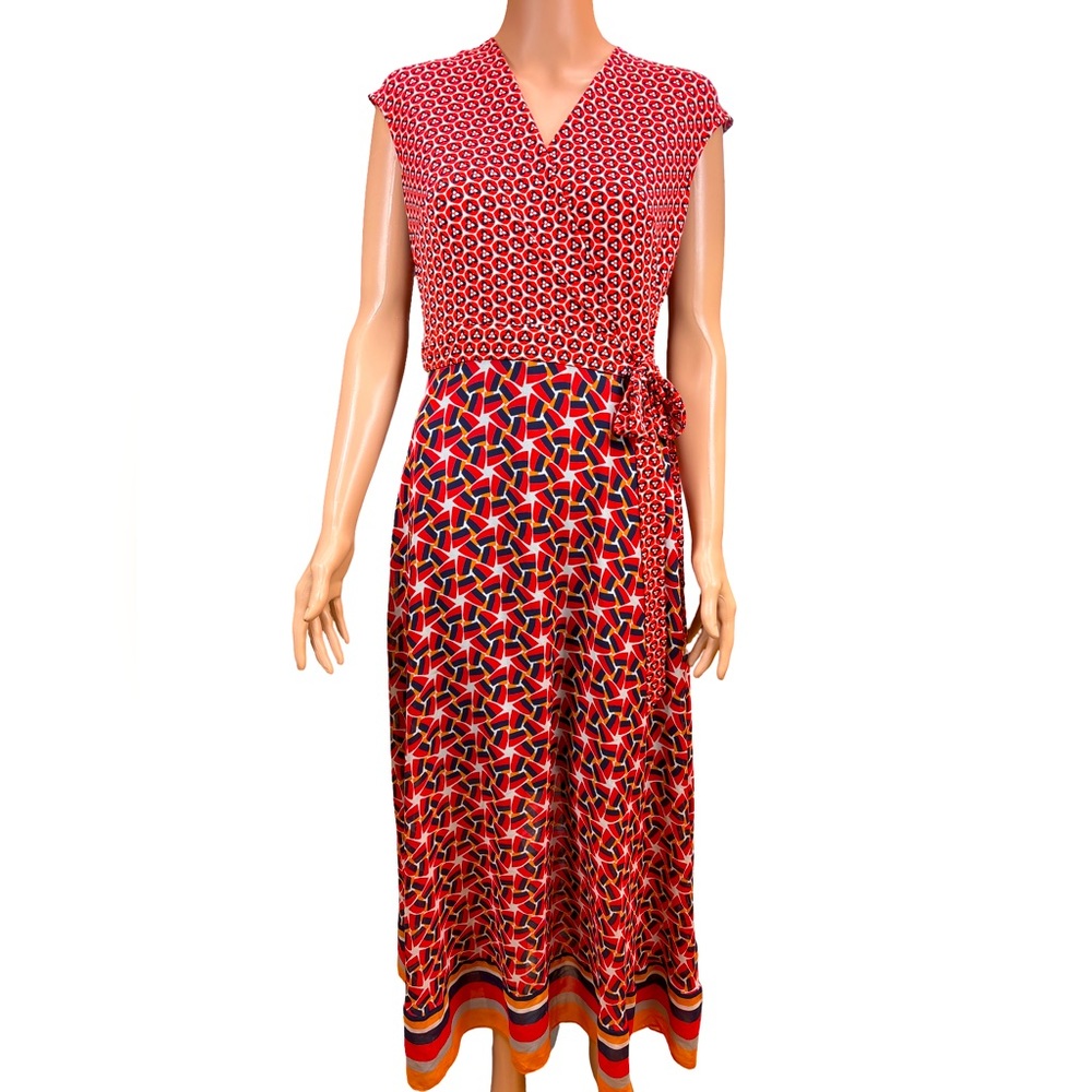 Just...Taylor Orange Red and Blue Geometric Poppy Maxi Dress NWT